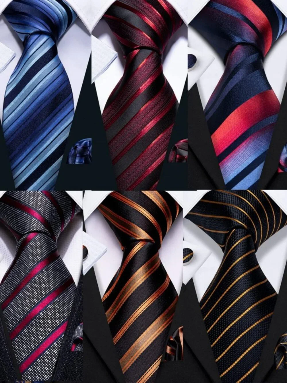 Elegant 6-Piece Men's Tie Set - Silk Neckties, Handkerchiefs & Cufflinks for